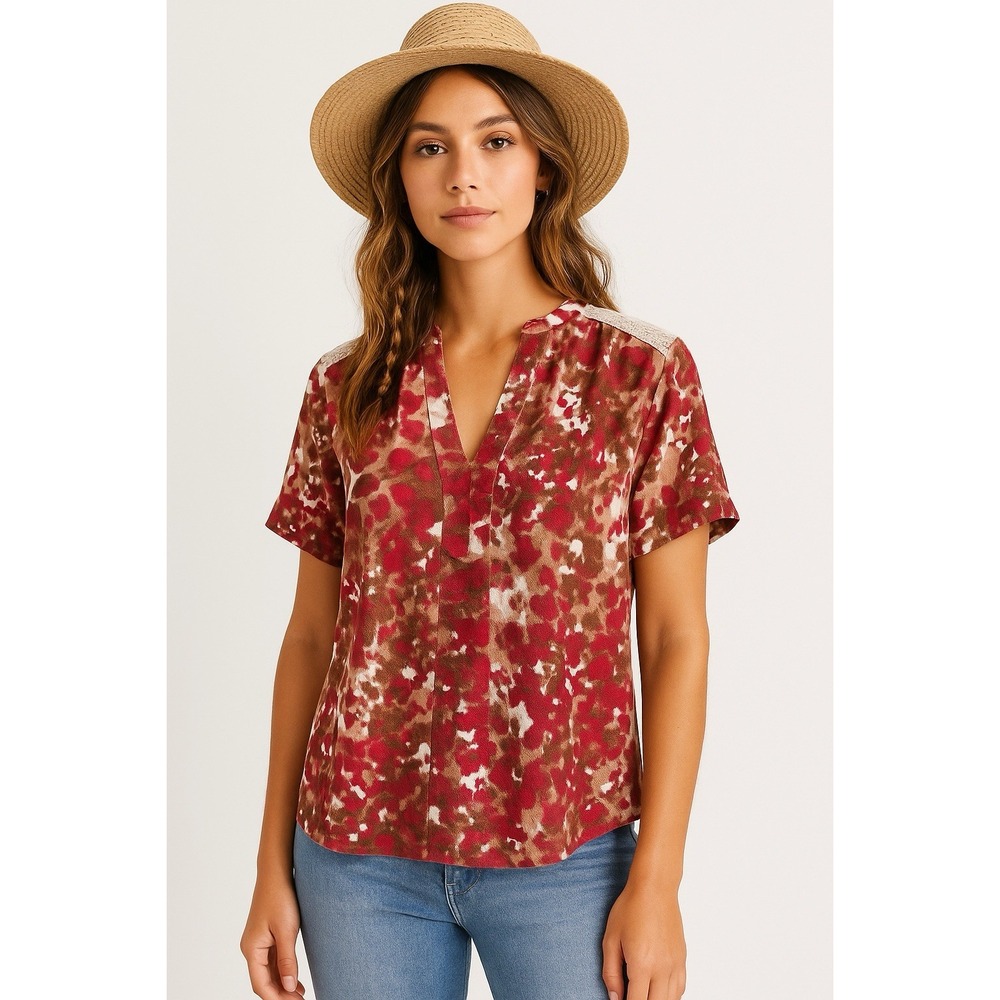 Energe World Wear Women's Large Red  Brown Floral Short Sleeve‎ Lace V Neck Boho